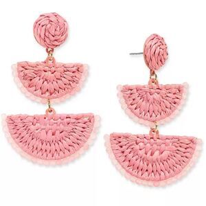 Pink Woven Raffia Drop Tower Earrings Hardware Goldtone, ON 34TH